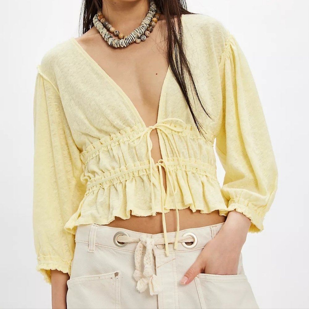 Free People Women's Let's Go Tie Front Linen & Cotton Top -YELLOW - SMALL **NEW